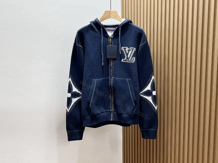 View 1 of Navy Denim Hoodie Jacket with LV Embroidery – Modern Luxe Outerwear