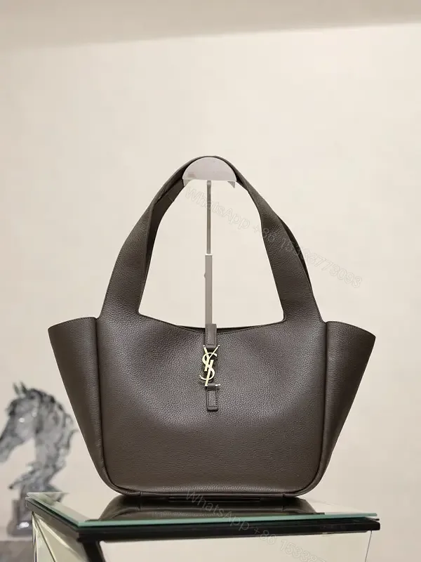 View 1 of Dark Brown/Black Pebbled Leather Tote with Gold YSL Charm