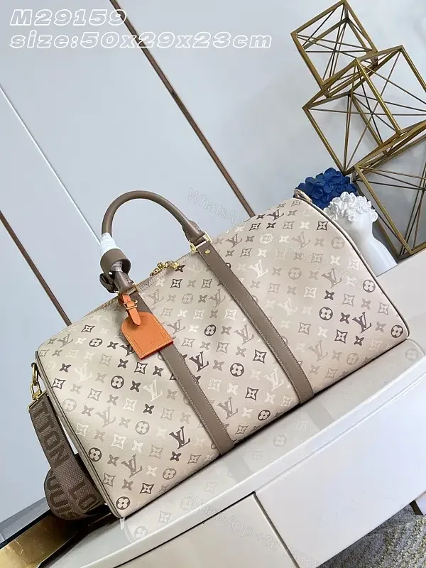 View 1 of Beige Taupe LV-Style Monogram Duffel Bag with Gold Hardware