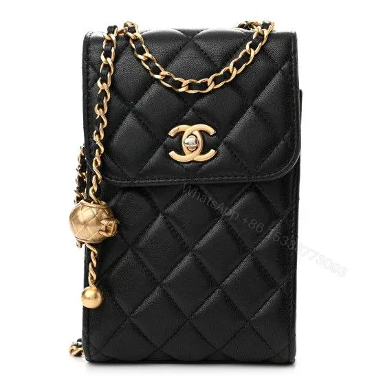 View 1 of Design Lambskin Quilted Pearl Crush Phone Holder With Chain Black – Dubai Fashion LUX