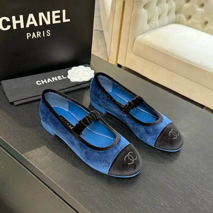 View 1 of Blue Velvet Ballet Flats with Black Cap-Toe Detail