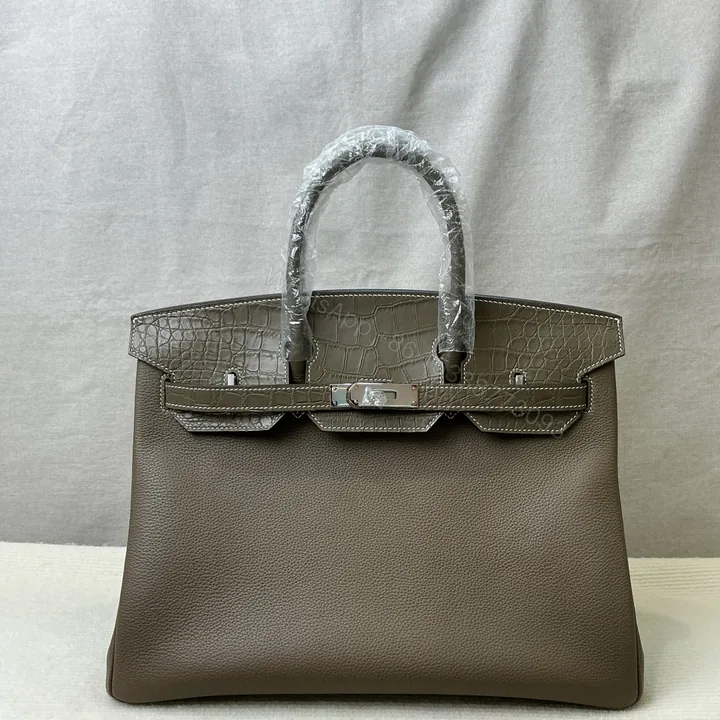View 1 of Hermes 高仿 女款 Birkin 手提包 灰棕拼接款 百搭輕奢風