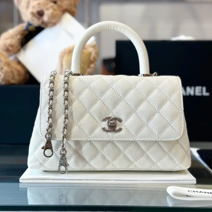 View 1 of Chanel Coco Handbags Leather White With Silver Lock Woman’s 23cm