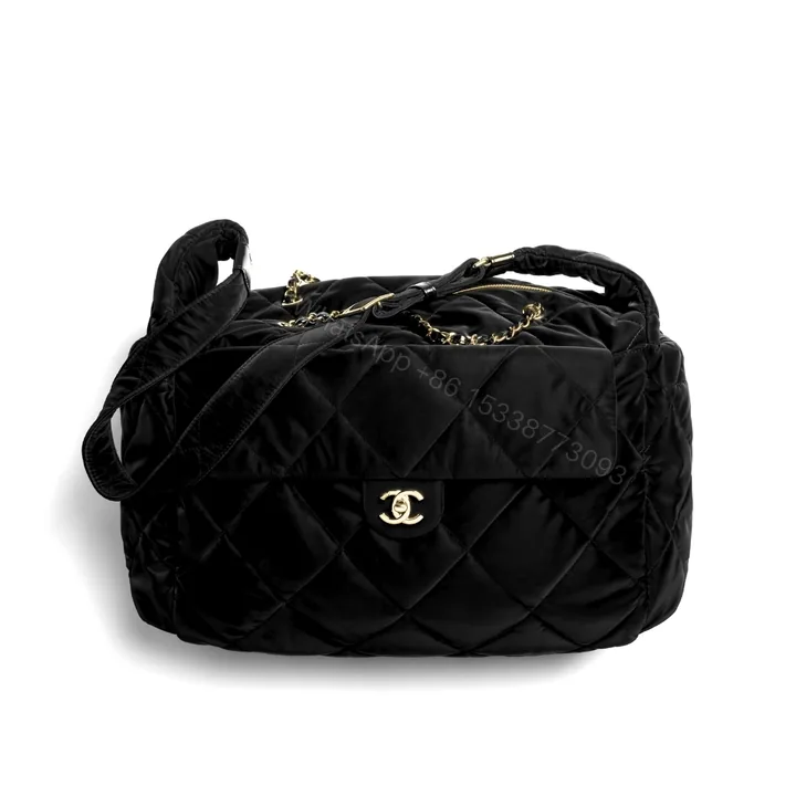 View 1 of Chanel Maxi Bowling Bag Velvet Effect Nylon And Gold Tone Metal Black 27Cm