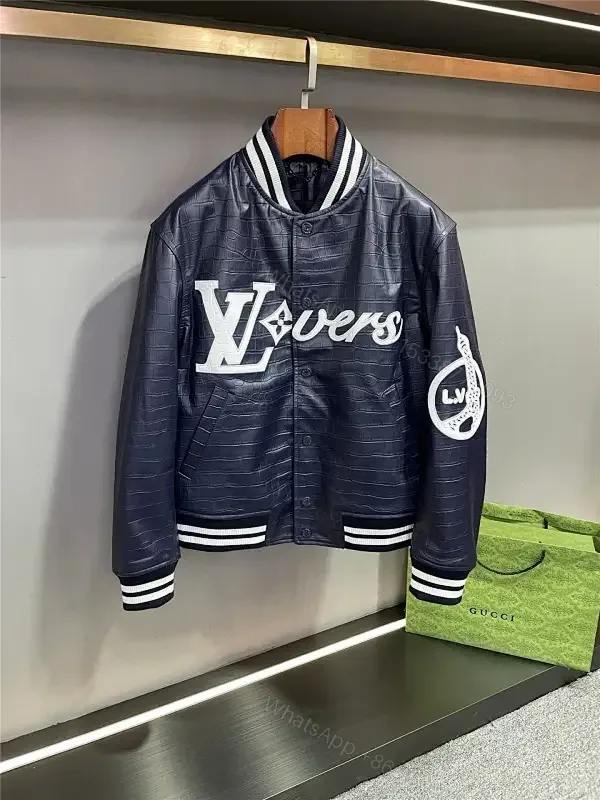 View 1 of Bold Navy Quilted Varsity Jacket with LV-Inspired Logo