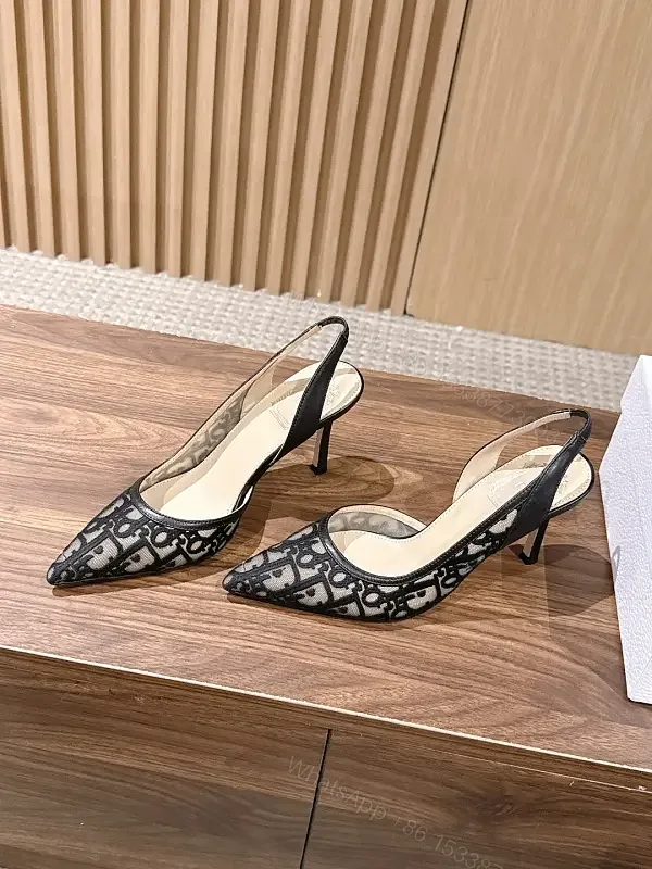 View 1 of Black Denim Slingback Heels Dior-inspired Pattern Pointed Toe Slide Slingback Heels