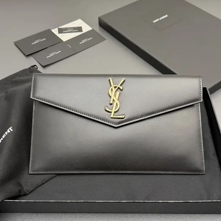 View 1 of Minimalist Leather Clutch with Gold Hardware, Envelope Style