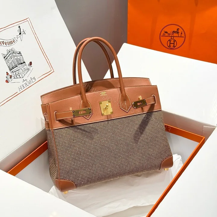 View 1 of HERMES BIRKIN 30CM IN GOLD SWIFT AND BLACK/WHITE/BROWN TOILE CANVAS