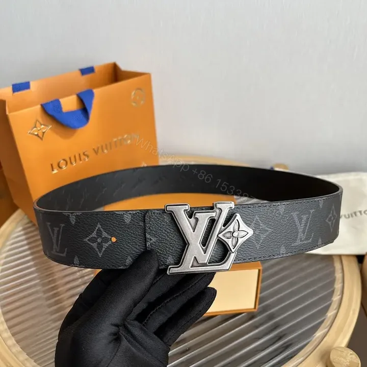 View 1 of Dark Gray/Black Leather Belt – LV Monogram, Pebbled Texture, Silver Buckle