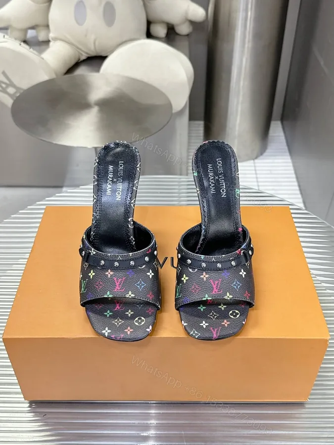 View 1 of LV Women Black Leather Multicolor Logo Mules