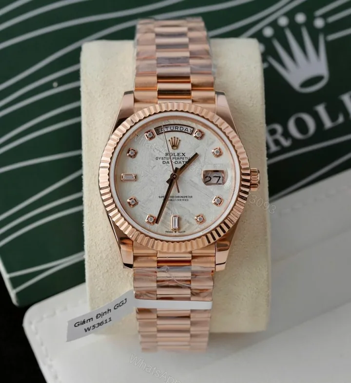 View 1 of Rolex Day-Date 40mm Custom Super Clone Rose Gold Wrapped + Moissanite Diamonds Dial