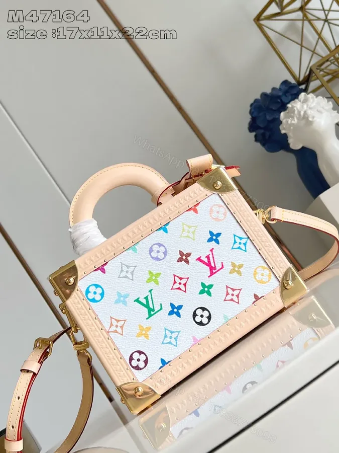View 1 of Colorful Structured Bag: Rainbow Monogram, Gold Corners, Leather Trim