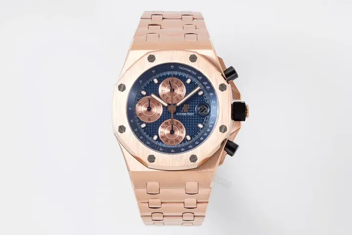 View 1 of JF Factory Audemars Piguet Royal Oak Offshore Rose Gold Steel Bracelet Watch with Blue Dial and 4404 Chronograph Movement