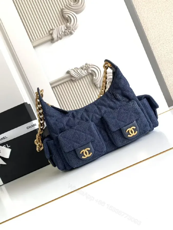View 1 of Quilted Denim Shoulder Bag with Gold Chain Hardware