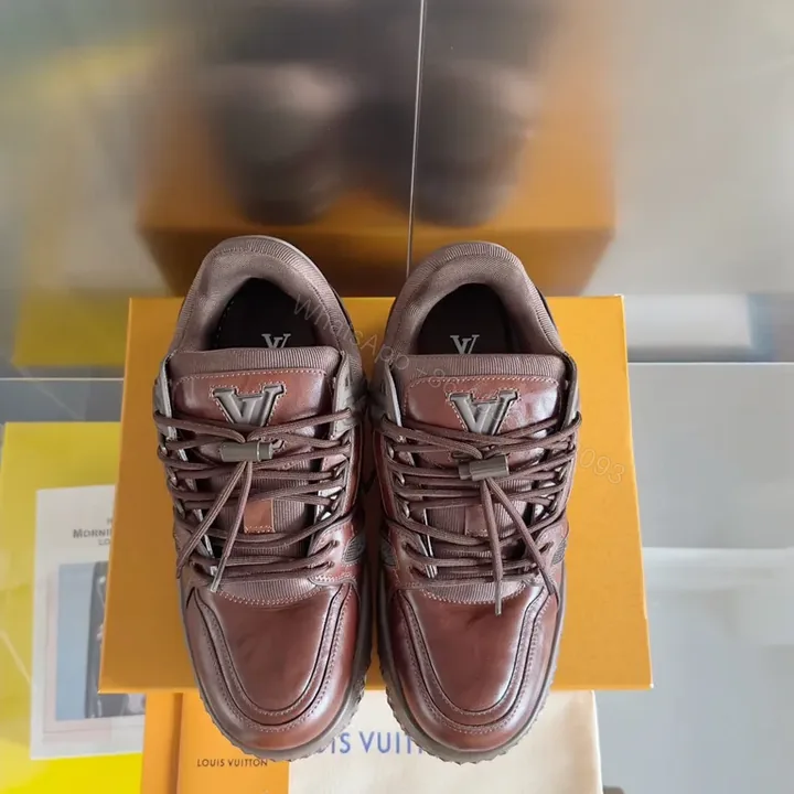 View 1 of Premium Leather Trail Sneakers: Burgundy, LV-Inspired Detail, All-Day Comfort
