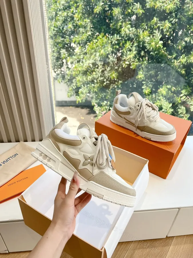 View 1 of LV Women Beige Mesh Leather Sneakers