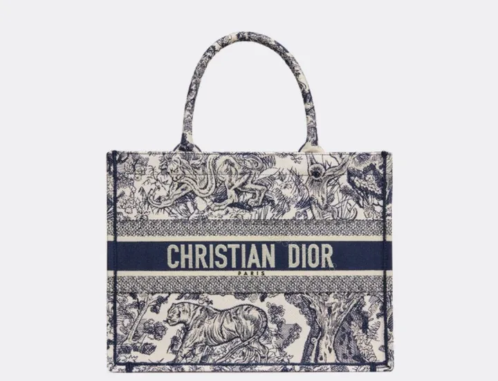 View 1 of Design MEDIUM BOOK TOTE Ecru and Blue Toile de Jouy Embroidery (36 x 27.5 x 16.5 cm) – Dubai Fashion LUX