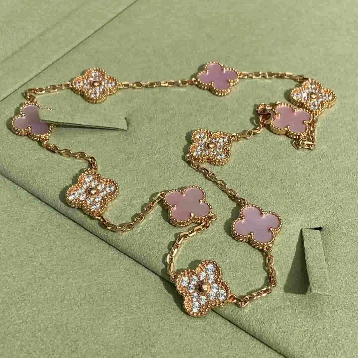 View 1 of VCA 18K Rose Gold Alhambra Necklace Pink Mother-Of-Pearl 10 Motifs Diamonds