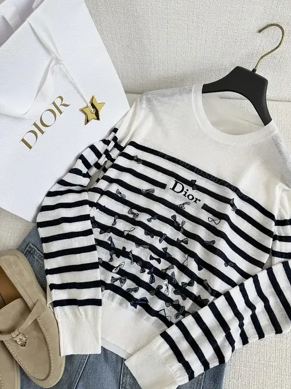 View 1 of Cream Knit Sweater Navy Stripes, Embroidered Bows, Ribbed Crewneck