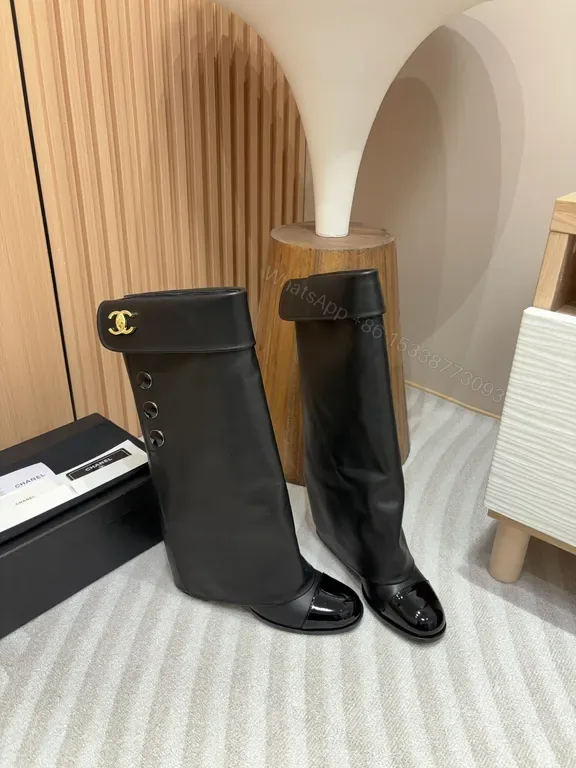 View 1 of Bold Faux Leather Knee-High Boots with Gold Hardware