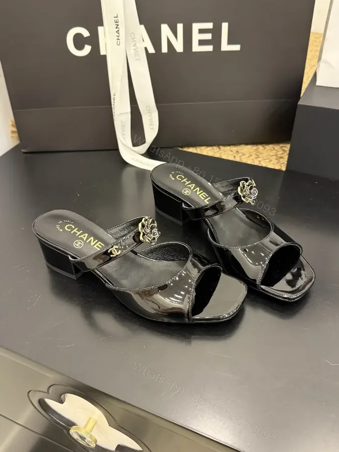 View 1 of Glossy Satin Mules with Crystal Rose Accent - Open-Toe, Low Heel