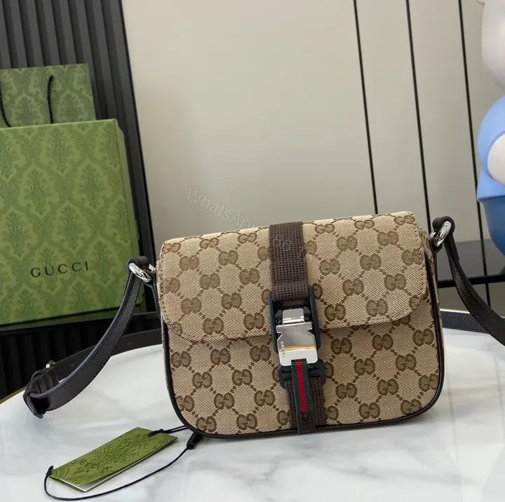 View 1 of Beige Canvas GG Messenger with Modern Webbed Strap