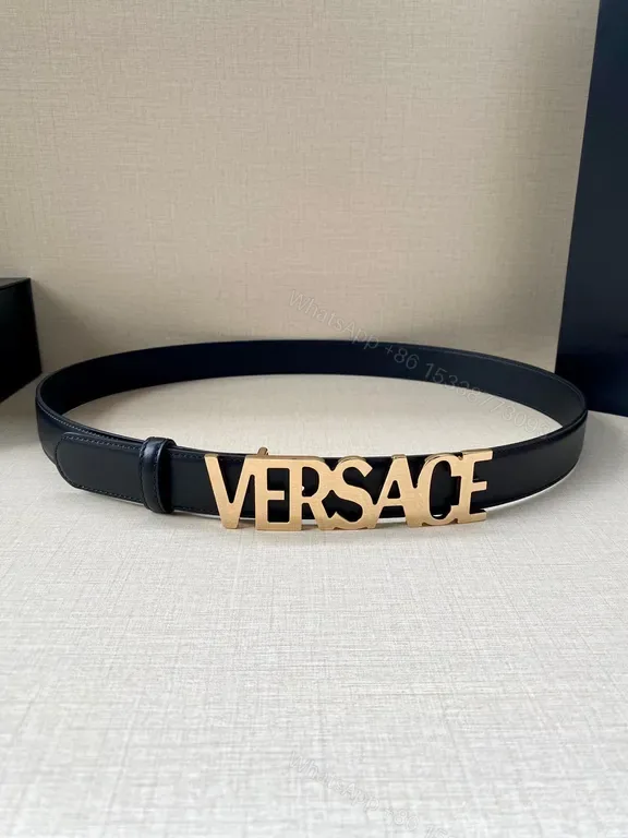 View 1 of Versace Leather Belt: Black with Rose-Gold Buckle, Minimalist Luxury