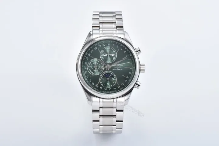 View 1 of Longines Master Collection Moon Phase Chronograph Watch Silver Stainless Steel with Green Dial 42mm