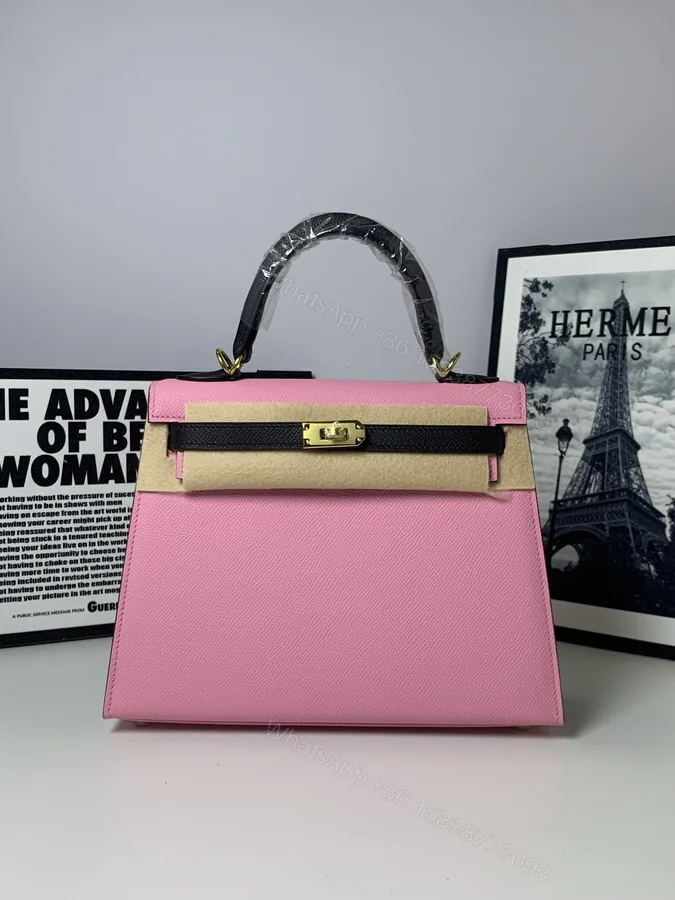 View 1 of 高仿 Hermes Kelly 25 粉色拼黑鎖帶手提包 時尚甜美女包