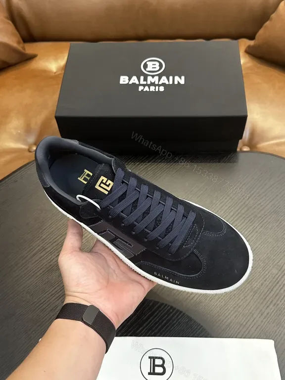 View 1 of Black/Gold Balmain-Style Low-Top Sneakers, Replica, Dark Blue Laces