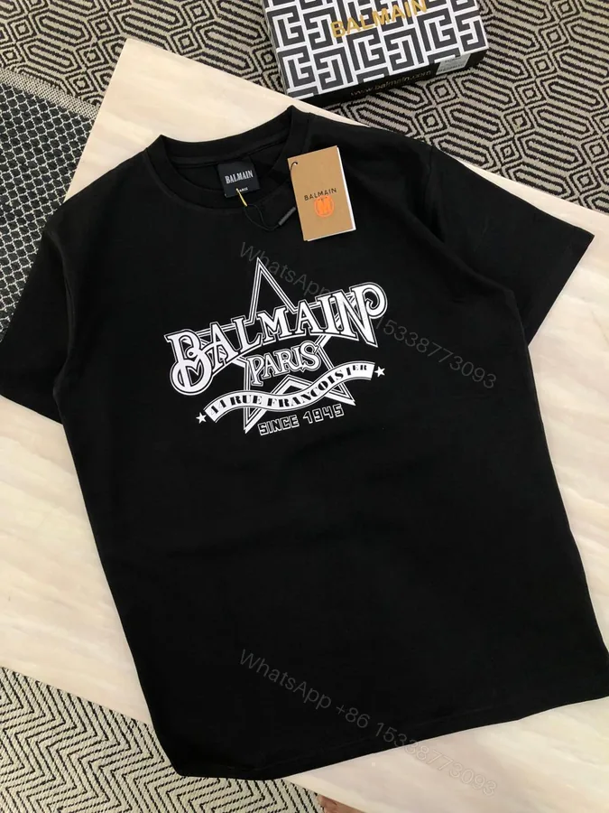 View 1 of Balmain Exclusive Cotton Lycra Crew White Printed T-Shirt First Copy | AAA+ Replica