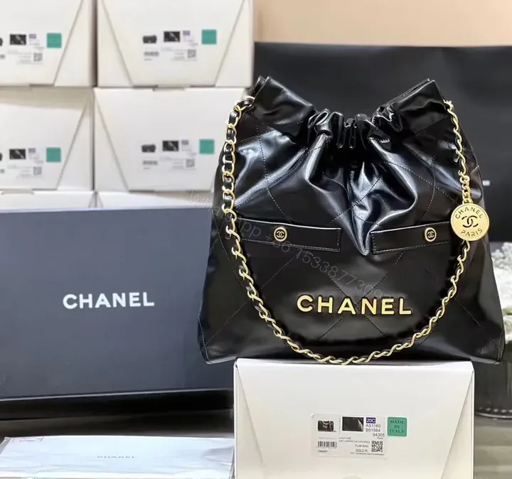 View 1 of Chanel-Inspired Quilted Nylon Tote with Gold Chain