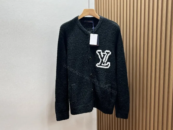 View 1 of Black Boucle Cardigan | Luxe Texture + Signature Logo + Cozy Warmth