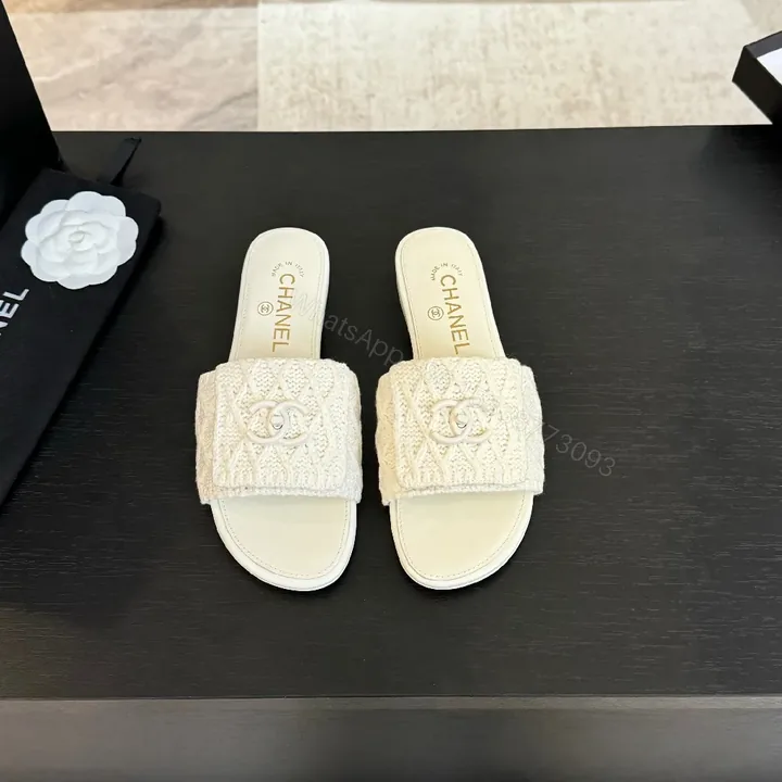 View 1 of Ivory Knit Slide with Logo Motif – Luxe Everyday Comfort