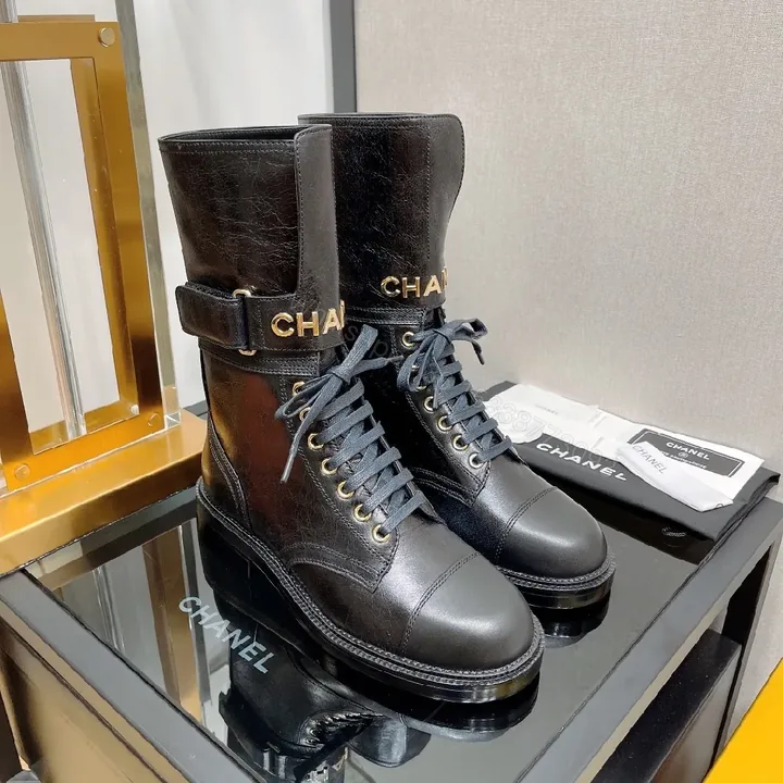 View 1 of Bold Leather Combat Boots with Gold Hardware, Chelsea Style