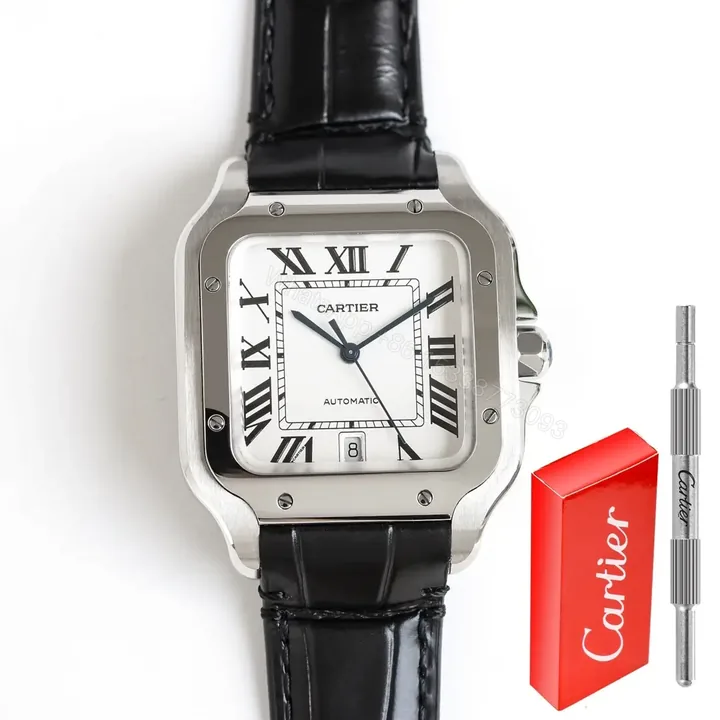 View 1 of Cartier super clone Santos White Dial Black Leather Strap Premium 39.8MM W20073X8
