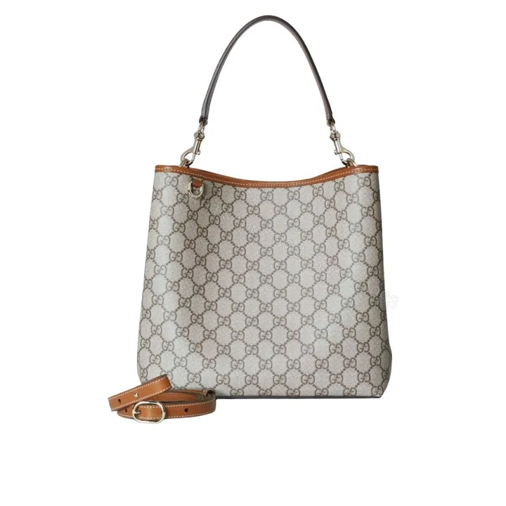 View 1 of Gucci GG Emblem Medium Bucket Bag Beige And Dark Brown Fabric 29Cm 815103 FAD6L 9758