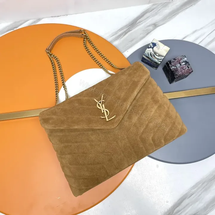 View 1 of Chic Camel Suede Quilted Shoulder Bag with Gold Hardware