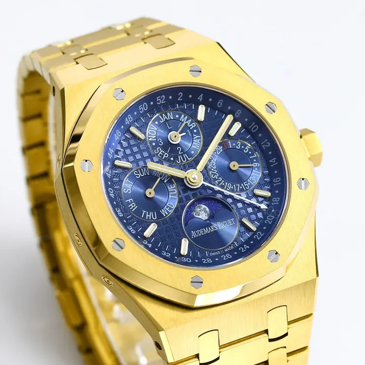 View 1 of R8 Factory Audemars Piguet Royal Oak Perpetual Calendar Watch – Blue Dial, Gold Case and Bracelet, Ref. 26574ST.OO.1220ST.03