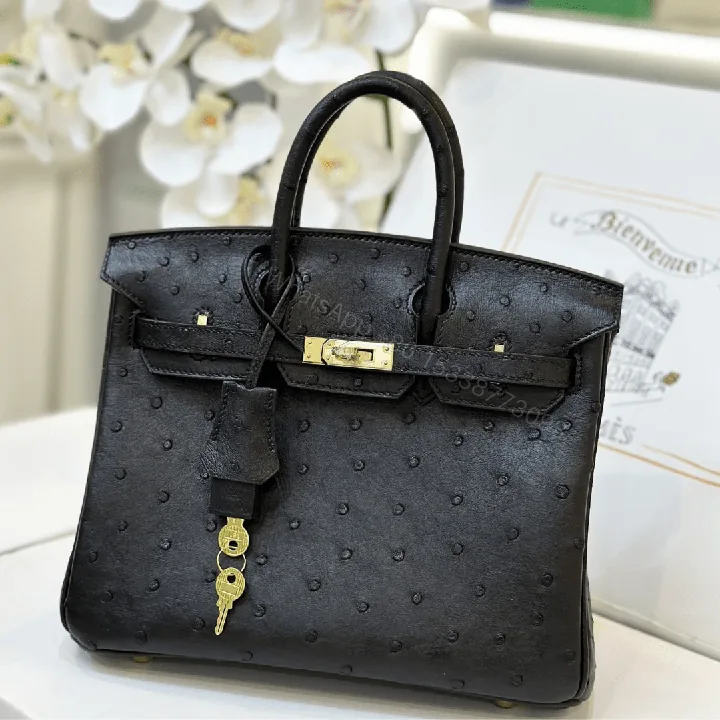 View 1 of Hermes Birkin 25 Black Ostrich Leather Gold Hardware
