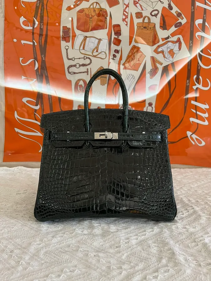 View 1 of Hermes Birkin 25cm Emerald Green Crocodile Leather Silver Hardware