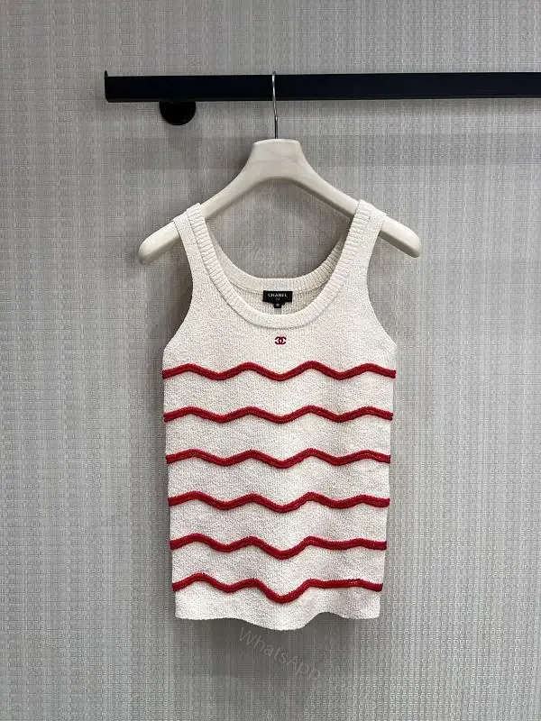 View 1 of White Knit Tank Top Red Wave Knit Sleeveless Chic Chanel-inspired Tank Top