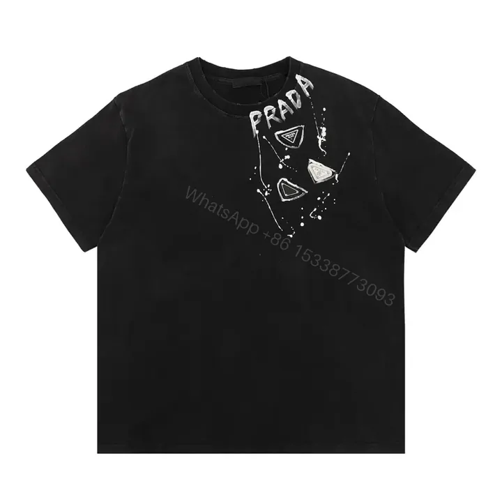 View 1 of Black Cotton Relaxed Crew Tee with White Graphic PRADA Accent
