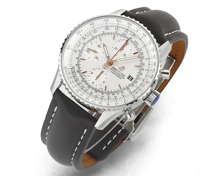View 1 of V9 Factory Breitling Navitimer B01 Chronograph 43mm Stainless Steel Watch with Black Leather Strap