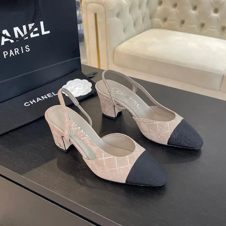 View 1 of Two-Tone Quilted Slingbacks: Neutral Beiges & Black Cap