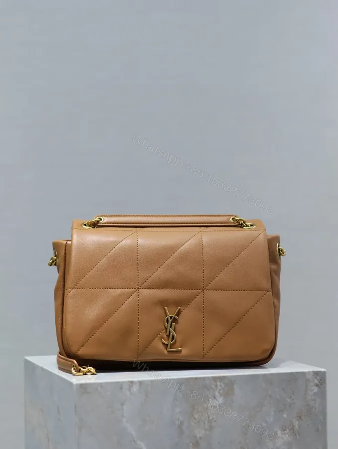 View 1 of Quilted Leather Camel Shoulder Bag with Gold Hardware