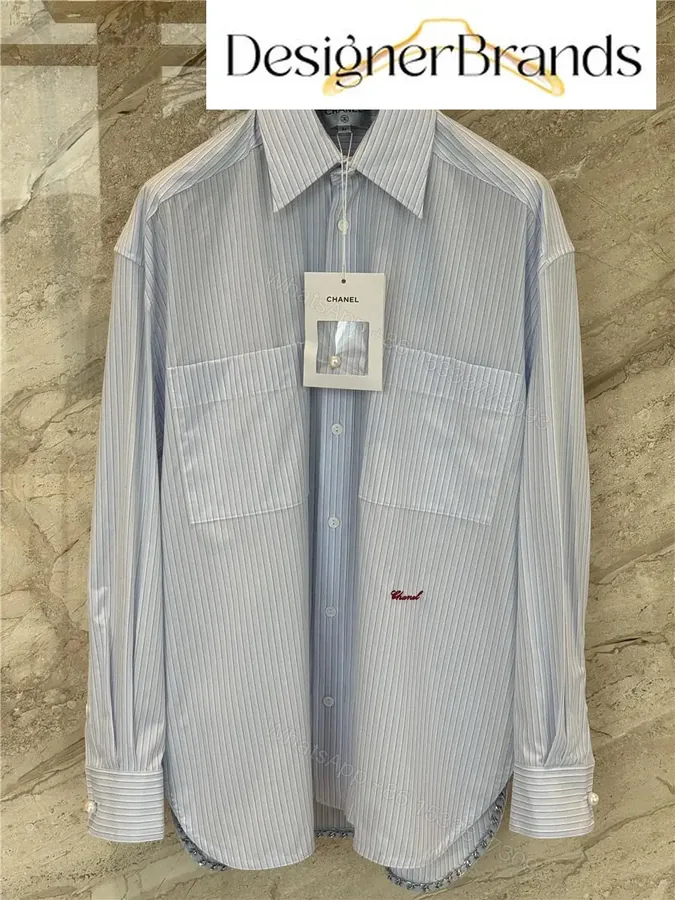 View 1 of Chanel Blue and White Striped Cotton Poplin Shirt