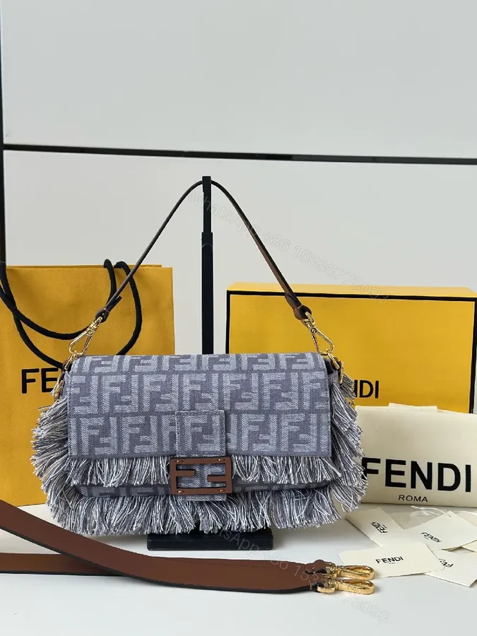 View 1 of Textured Gray Jacquard Fringe Bag - Modern Luxury Tote