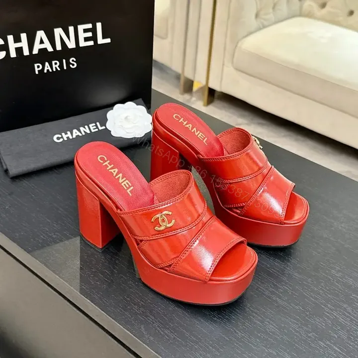 View 1 of Bold Red Platform Mules with Gold Logo Hardware