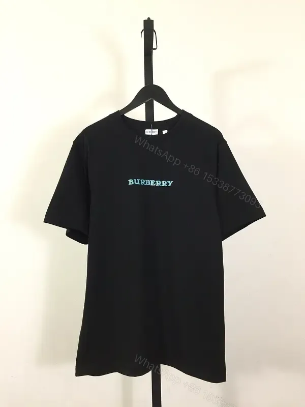 View 1 of Black Cotton T-shirt Regular Fit Turquoise Burberry Chest Text T-shirt